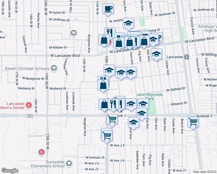 map of restaurants, bars, coffee shops, grocery stores, and more near 44544 10th Street West in Lancaster