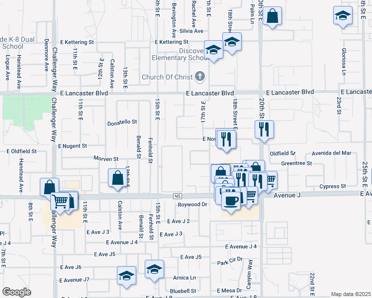map of restaurants, bars, coffee shops, grocery stores, and more near 44545 16th Street East in Lancaster