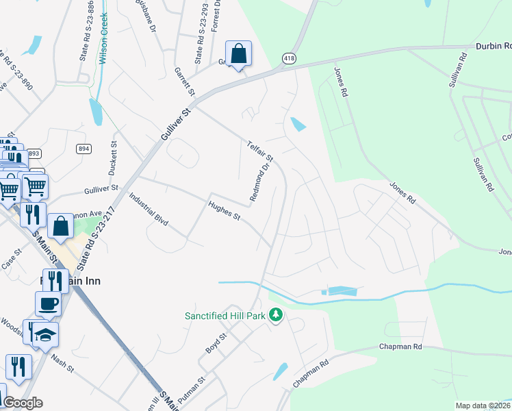 map of restaurants, bars, coffee shops, grocery stores, and more near 203 Redmond Drive in Fountain Inn