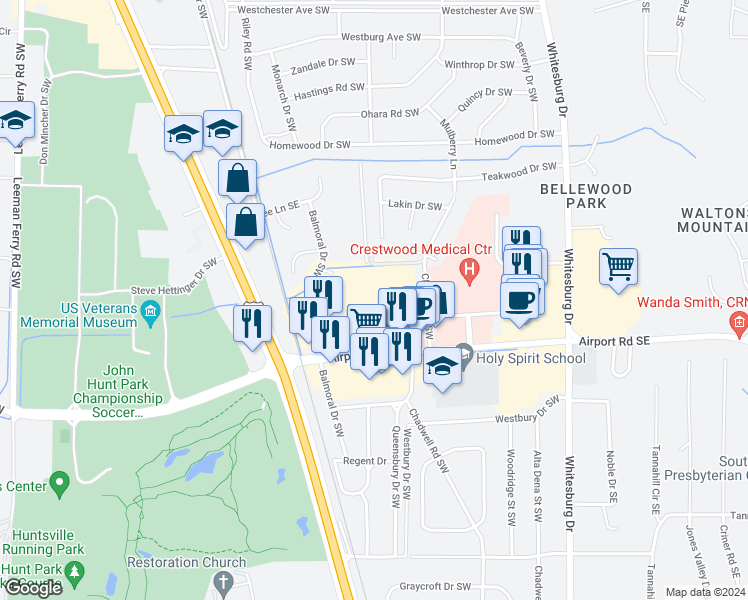 map of restaurants, bars, coffee shops, grocery stores, and more near 1000 Airport Road Southwest in Huntsville