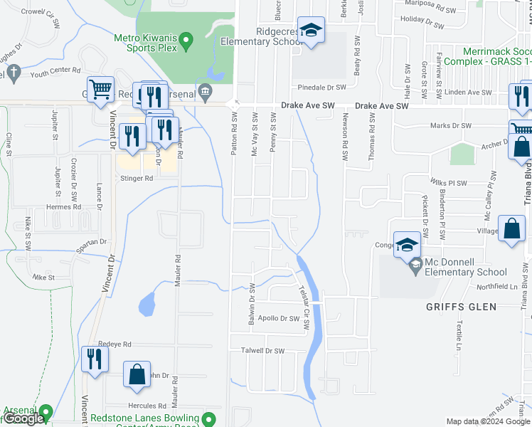 map of restaurants, bars, coffee shops, grocery stores, and more near 4007 Foster Avenue Southwest in Huntsville