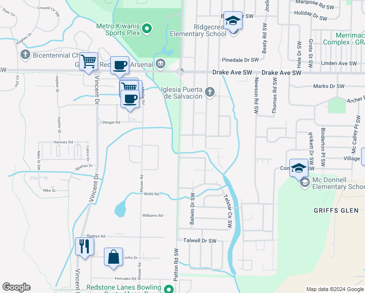map of restaurants, bars, coffee shops, grocery stores, and more near 4102 Mc Vay Street Southwest in Huntsville