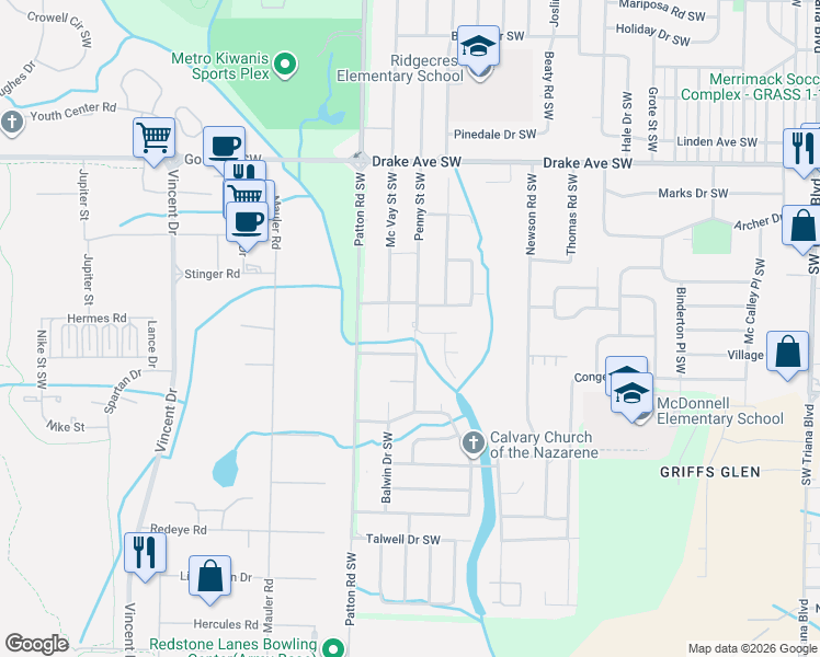 map of restaurants, bars, coffee shops, grocery stores, and more near 4128 Penny Street Southwest in Huntsville