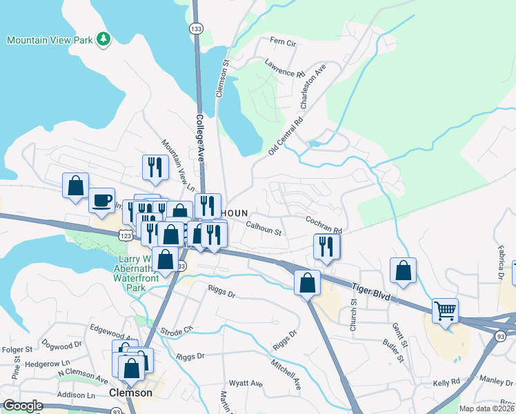 map of restaurants, bars, coffee shops, grocery stores, and more near 99 Boggs Street in Clemson