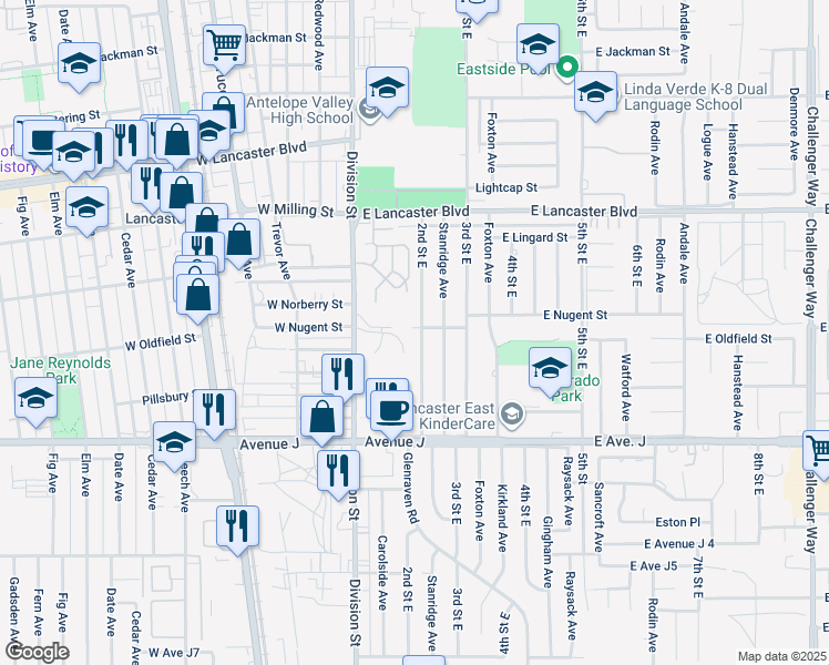 map of restaurants, bars, coffee shops, grocery stores, and more near 44557 2nd Street East in Lancaster