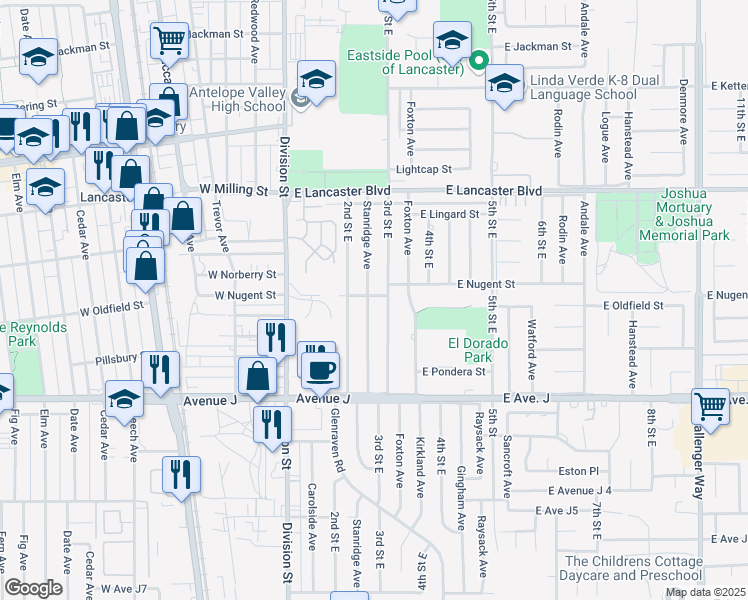 map of restaurants, bars, coffee shops, grocery stores, and more near 44558 Stanridge Avenue in Lancaster