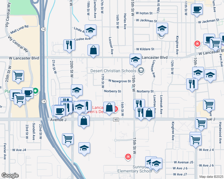 map of restaurants, bars, coffee shops, grocery stores, and more near 44616 Orchard Lane in Lancaster