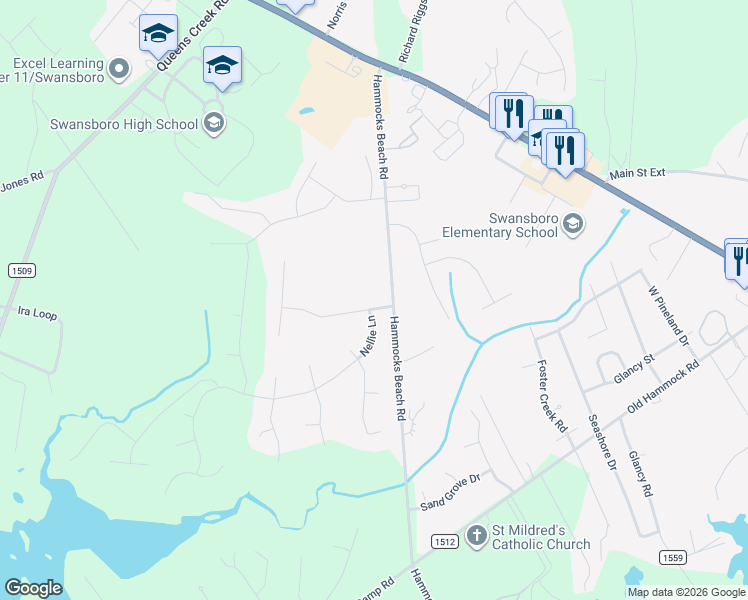 map of restaurants, bars, coffee shops, grocery stores, and more near 102 Cormorant Dr in Cape Carteret