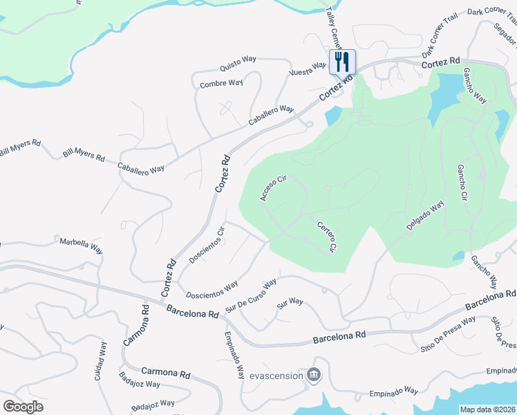 map of restaurants, bars, coffee shops, grocery stores, and more near 16 Acceso Circle in Hot Springs