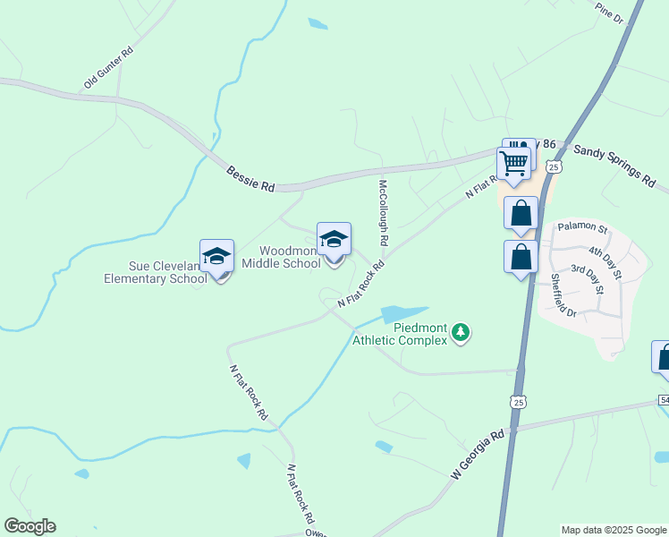 map of restaurants, bars, coffee shops, grocery stores, and more near 325 North Flat Rock Road in Piedmont