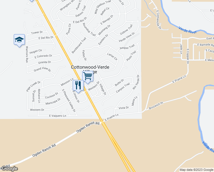 map of restaurants, bars, coffee shops, grocery stores, and more near 2591 South Mountain View Drive in Cottonwood