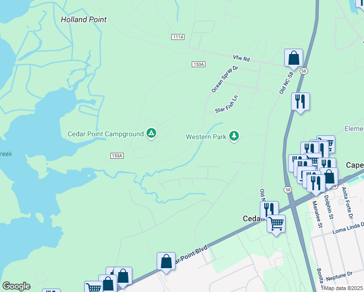 map of restaurants, bars, coffee shops, grocery stores, and more near 606 Ocean Spray Drive in Swansboro