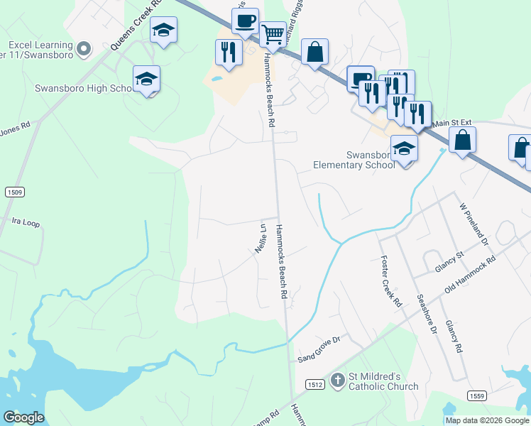 map of restaurants, bars, coffee shops, grocery stores, and more near 102 Cormorant Drive in Cape Carteret