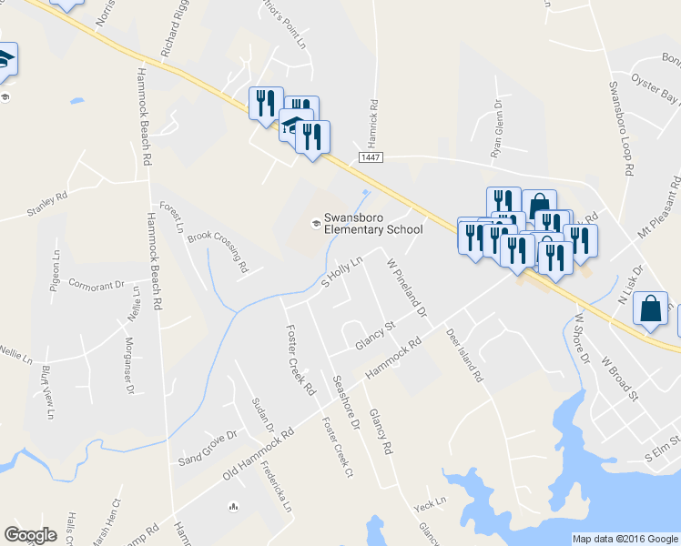 map of restaurants, bars, coffee shops, grocery stores, and more near 803 South Dogwood Lane in Swansboro