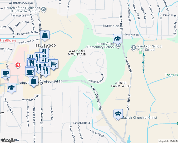 map of restaurants, bars, coffee shops, grocery stores, and more near 4511 Old Farm Circle Southeast in Huntsville