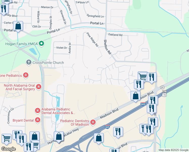 map of restaurants, bars, coffee shops, grocery stores, and more near 201 Pine Ridge Road in Madison
