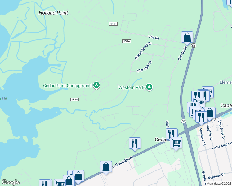 map of restaurants, bars, coffee shops, grocery stores, and more near 606 Ocean Spray Drive in Swansboro