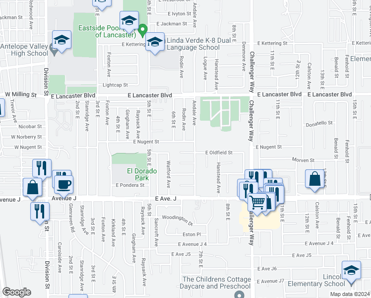 map of restaurants, bars, coffee shops, grocery stores, and more near 621 East Oldfield Street in Lancaster