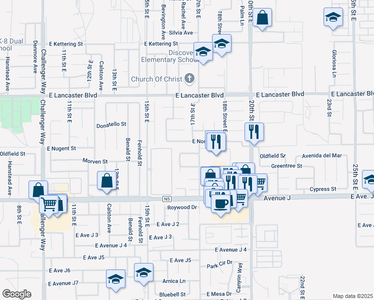 map of restaurants, bars, coffee shops, grocery stores, and more near 1606 East Norberry Street in Lancaster