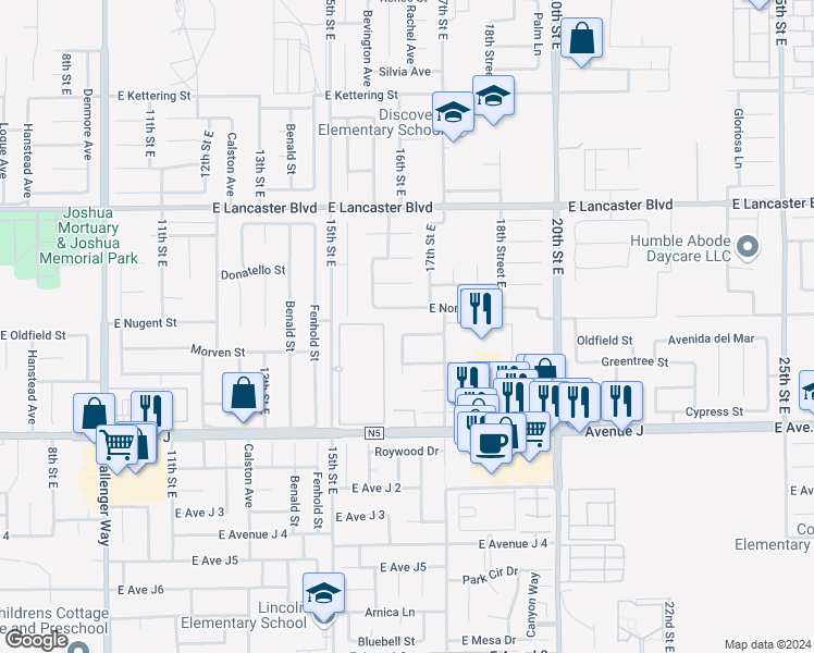 map of restaurants, bars, coffee shops, grocery stores, and more near 1606 East Norberry Street in Lancaster