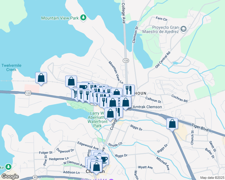 map of restaurants, bars, coffee shops, grocery stores, and more near 201 Pickens Street in Clemson