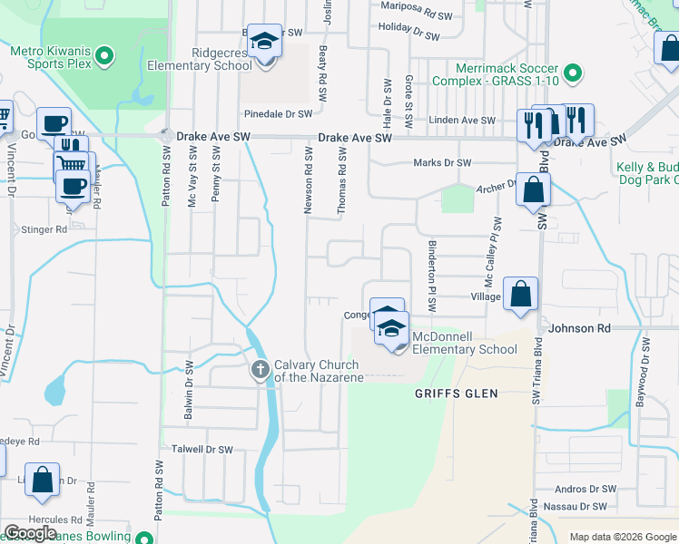 map of restaurants, bars, coffee shops, grocery stores, and more near 3706 South Westdale Court Southwest in Huntsville