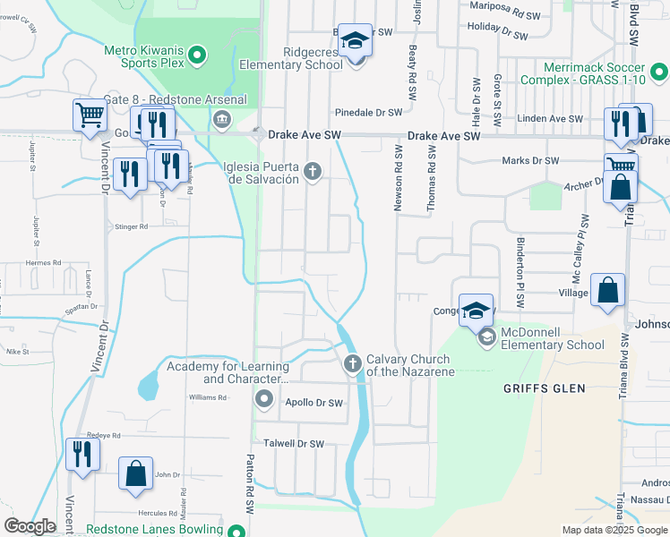 map of restaurants, bars, coffee shops, grocery stores, and more near 3903 Foster Avenue Southwest in Huntsville