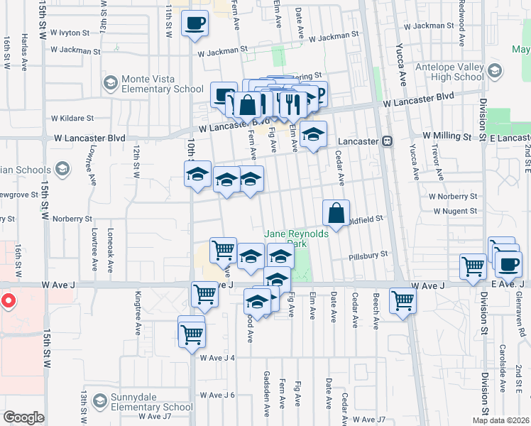 map of restaurants, bars, coffee shops, grocery stores, and more near 44632 Fern Avenue in Lancaster