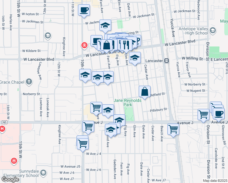 map of restaurants, bars, coffee shops, grocery stores, and more near 44632 Fern Avenue in Lancaster
