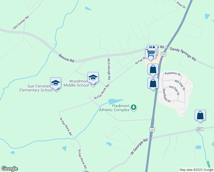 map of restaurants, bars, coffee shops, grocery stores, and more near 325 North Flat Rock Road in Piedmont