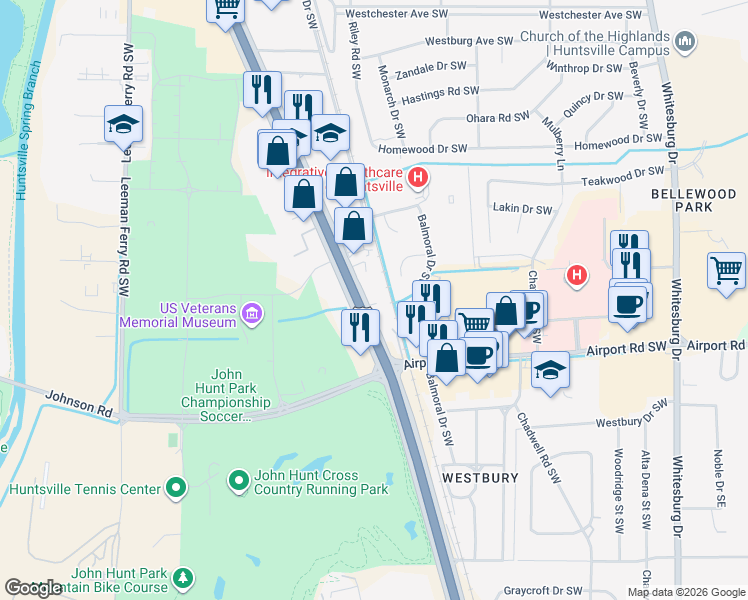 map of restaurants, bars, coffee shops, grocery stores, and more near 3611 Memorial Parkway Southwest in Huntsville