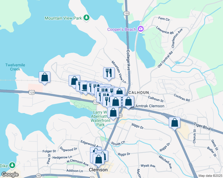 map of restaurants, bars, coffee shops, grocery stores, and more near 105 College Street in Clemson