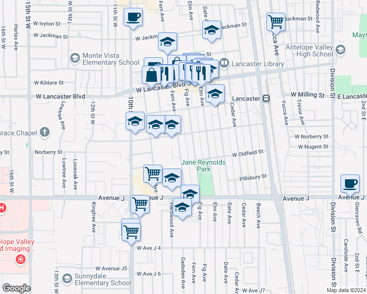 map of restaurants, bars, coffee shops, grocery stores, and more near 44632 Fern Avenue in Lancaster