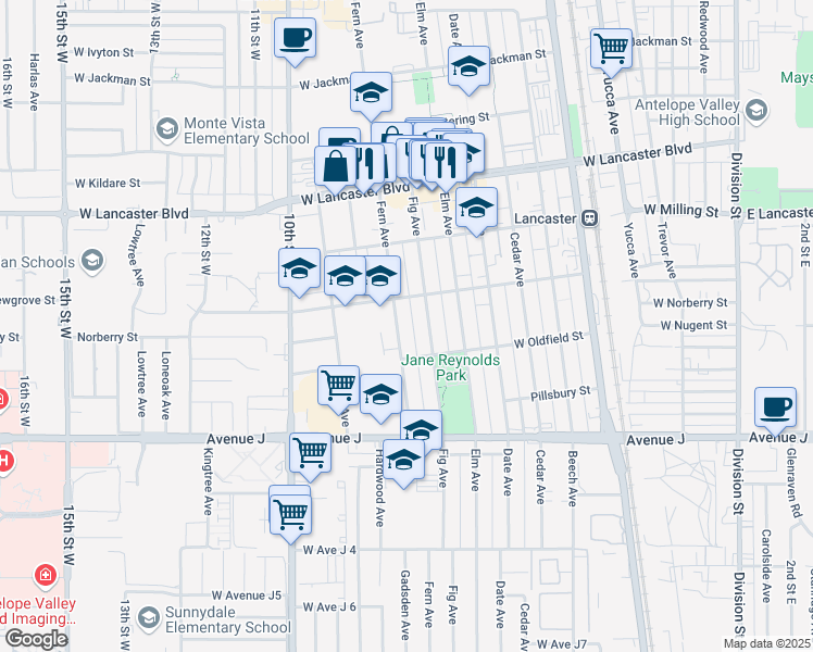 map of restaurants, bars, coffee shops, grocery stores, and more near 44632 Fern Avenue in Lancaster