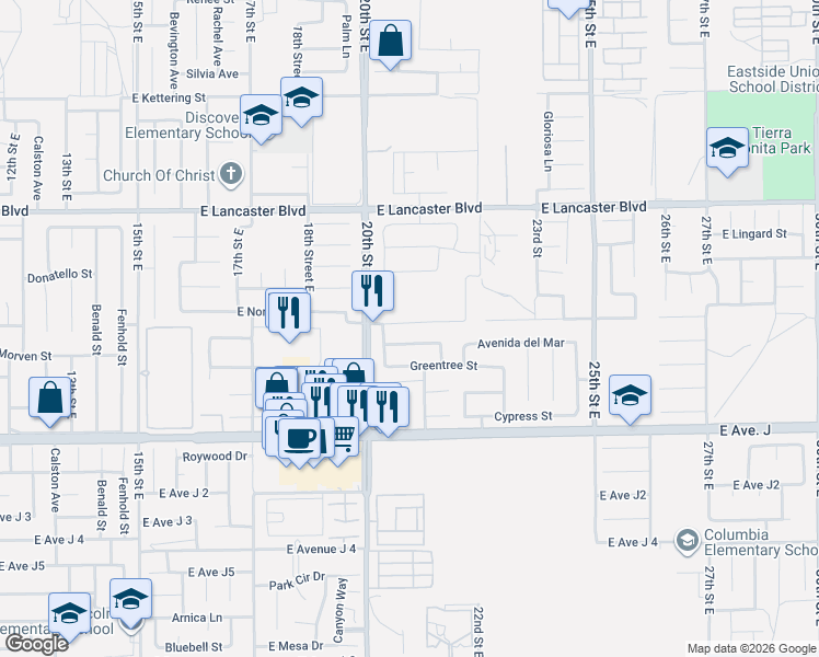 map of restaurants, bars, coffee shops, grocery stores, and more near 2044 East Nugent Street in Lancaster