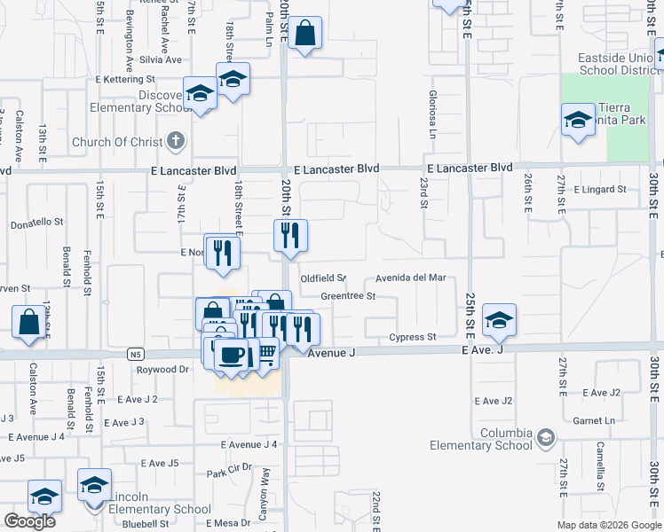map of restaurants, bars, coffee shops, grocery stores, and more near 2062 East Nugent Street in Lancaster