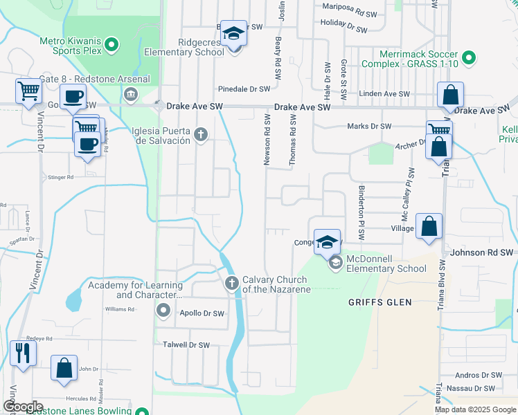 map of restaurants, bars, coffee shops, grocery stores, and more near 4101 Newson Road Southwest in Huntsville