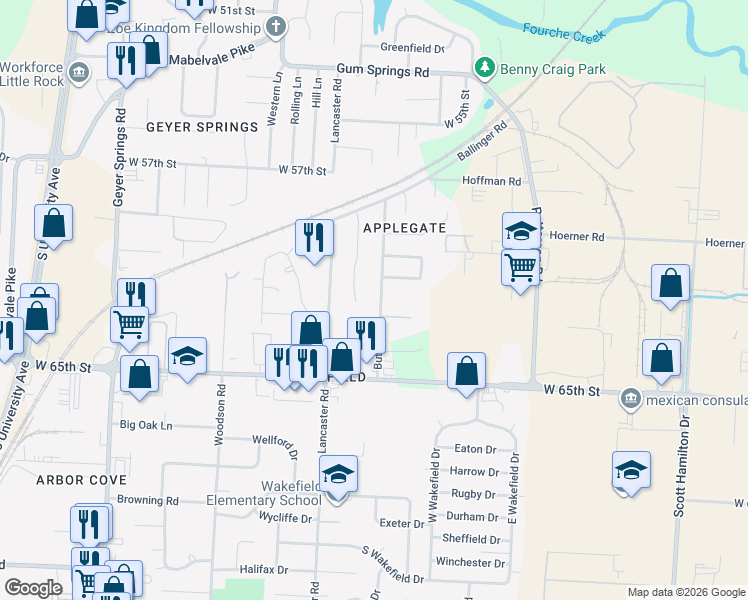 map of restaurants, bars, coffee shops, grocery stores, and more near 6111 Lyndell Drive in Little Rock