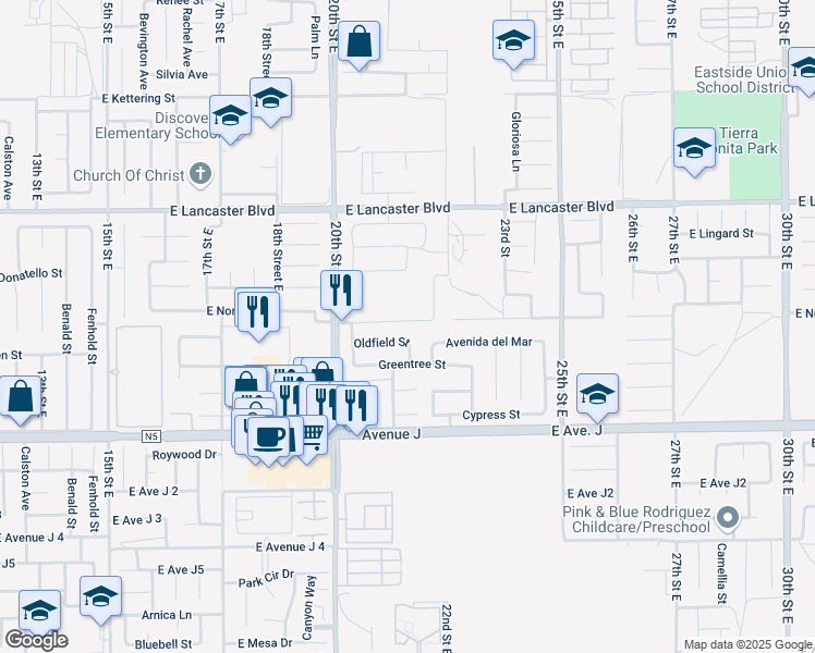 map of restaurants, bars, coffee shops, grocery stores, and more near 2116 East Nugent Street in Lancaster