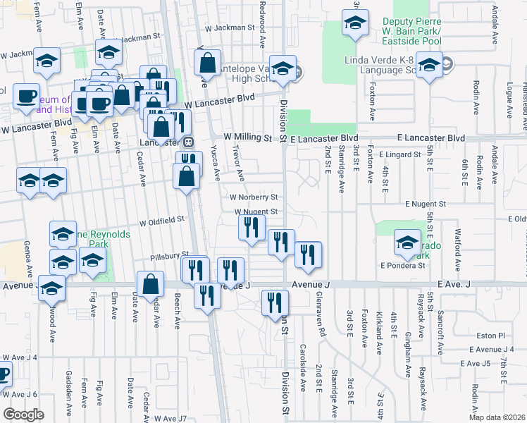 map of restaurants, bars, coffee shops, grocery stores, and more near 172 West Nugent Street in Lancaster