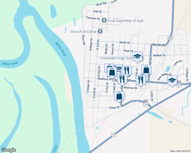 map of restaurants, bars, coffee shops, grocery stores, and more near 124 North 2nd Street in Clarendon