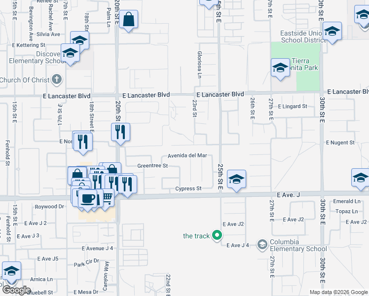 map of restaurants, bars, coffee shops, grocery stores, and more near 2242 East Nugent Street in Lancaster