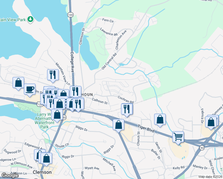 map of restaurants, bars, coffee shops, grocery stores, and more near 111 Cochran Road in Clemson