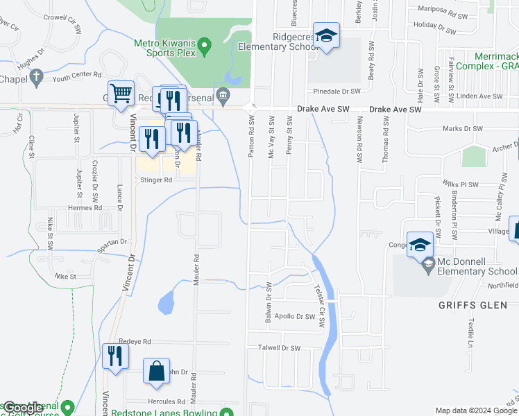 map of restaurants, bars, coffee shops, grocery stores, and more near 4102 Mc Vay Street Southwest in Huntsville