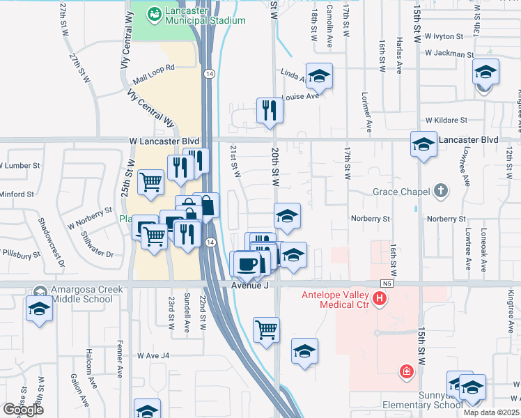 map of restaurants, bars, coffee shops, grocery stores, and more near 2025 West Newgrove Street in Lancaster