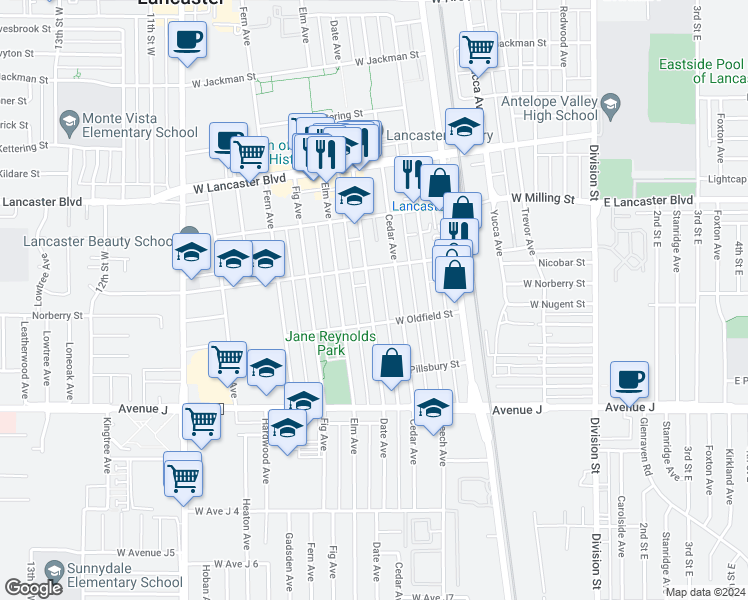 map of restaurants, bars, coffee shops, grocery stores, and more near 44624 Date Avenue in Lancaster