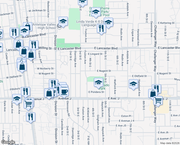 map of restaurants, bars, coffee shops, grocery stores, and more near 350 East Nugent Street in Lancaster