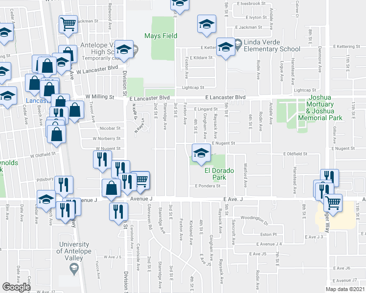 map of restaurants, bars, coffee shops, grocery stores, and more near 44565 Foxton Avenue in Lancaster
