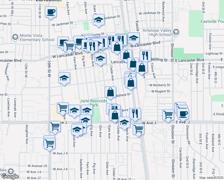 map of restaurants, bars, coffee shops, grocery stores, and more near 44623 Cedar Avenue in Lancaster