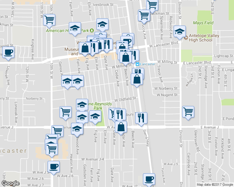 map of restaurants, bars, coffee shops, grocery stores, and more near 44623 Cedar Avenue in Lancaster